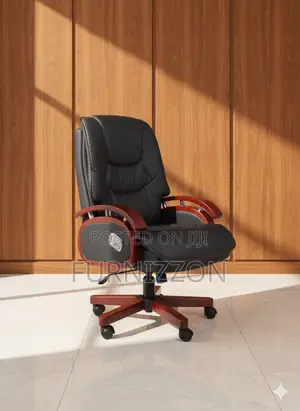 Executive Black Leather Office Chair With Strong Wooden Frame
