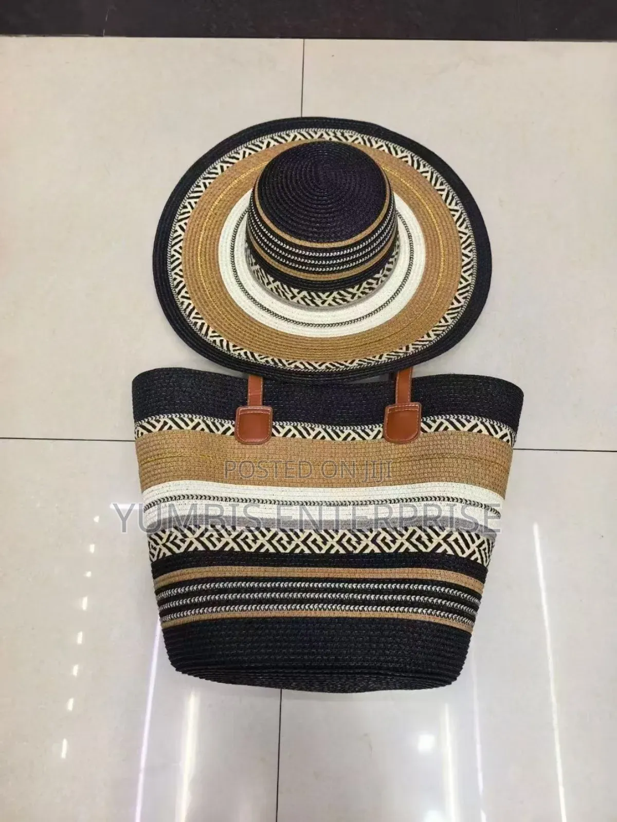Multi Colorstraw Bag With Matching Hat
