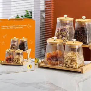4 PCS Airtight Borosilicate Glass, Storage Jar Set With Lid and Stand