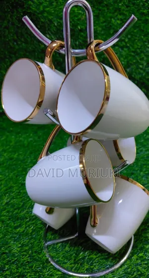 6pcs White Mugs With Gold Rim