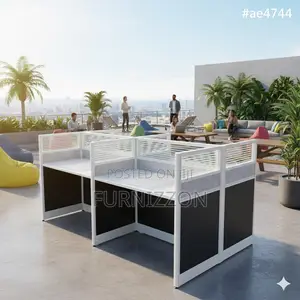 4-Cubicle Office Desk With Glass Aluminium Partition and Wooden Top
