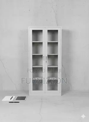 Office Storage Cabinet With Metallic Frame Glass Doors