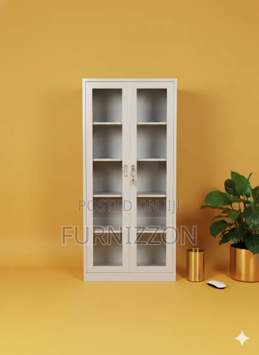 Metallic Two-Door Glass Display Storage Cabinet