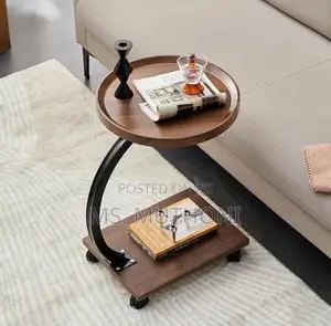 Modern Round C-Shaped Side Table With Wheels a Walnut Veneer Finish