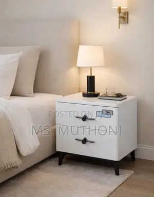 Modern White Nightstand With Black Legs and Handles,