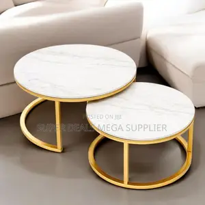 Elegant Round Marble Top Nesting Tables With Gold Metal Legs