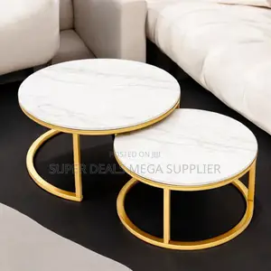 Modern White Marble Nesting Tables With Elegant Gold Stand