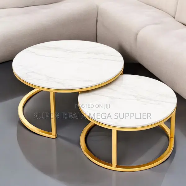 Designer Round Marble Coffee Nesting Tables With Gold Base