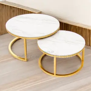 Luxury Round Marble Nesting Tables With Strong Gold Metal Base