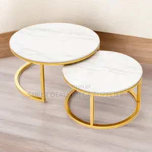 Elegant White Marble Nesting Coffee Tables With Gold Base