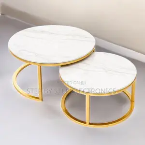 Elegant Round Marble Top Nesting Tables With Gold Metal Legs