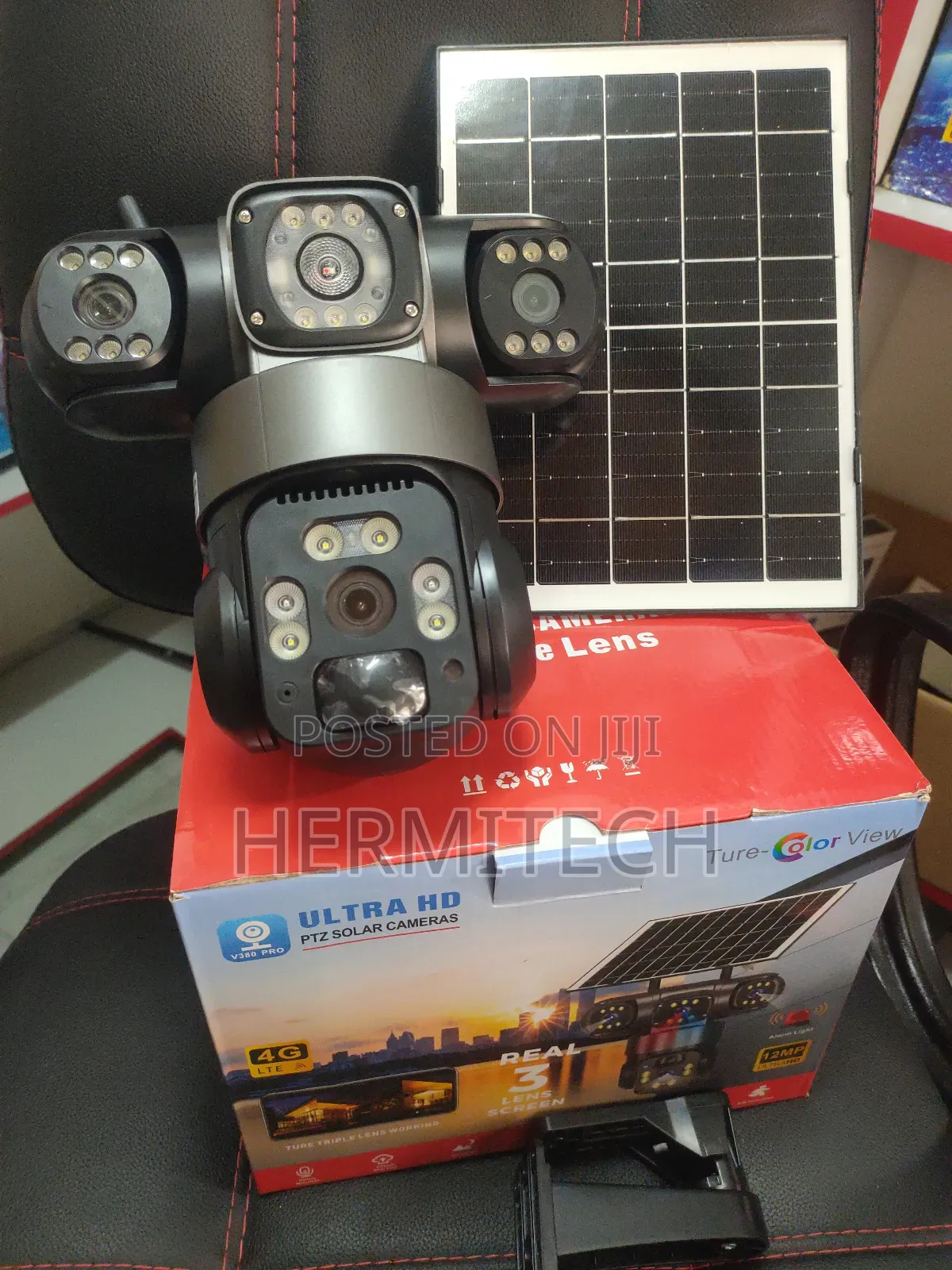Triple Camera With Solar Panel Motion Track Night Vision