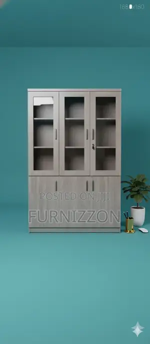 Elegant Wooden 3 Column Office Cabinet With Glass Panels