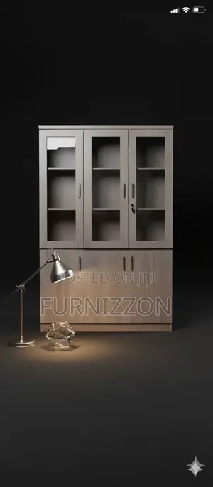 Space Saving Wooden File Cabinet With 3 Glass Door Columns