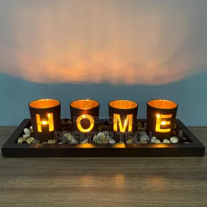 Home-Branded 4glass Candle Hlders With Wooden Placement Rock Pebbles