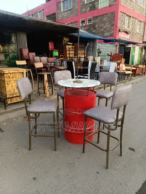 High Bar Set of Grey Chairs and Red Drum Table
