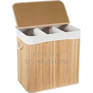 Bamboo Laundry Basket With a Lid and Three Internal Compartments.