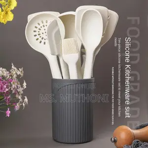 Ten-Piece Silicone Kitchen Utensil Set With a Holder.