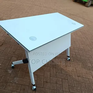 Modern White Office Desk on Wheels With Cable