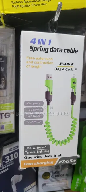 4-in-1 Spiral Data Transfer Charging Cable, Usb-c Lightning, 65w