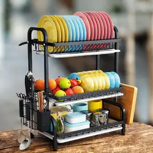 Space Saving 3 Tier Dish Rack With Fruit Basket and Utensil Holder