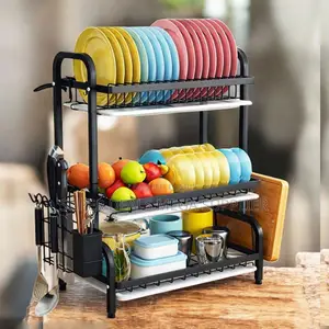 Home Kitchen 3 Tier Dish Rack With Knife Holder and Drain Board