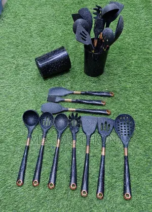 Black / Gray Silicone Kitchen Utensil Set With a Speckled Design