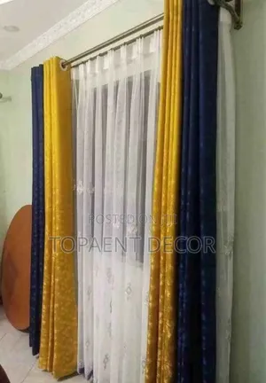 Blue And Yellow Living Room Window Curtains And White Sheers