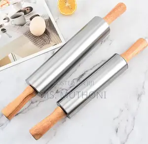 Stainless Steel Non-Stick Rolling Pin With Wooden Handles.