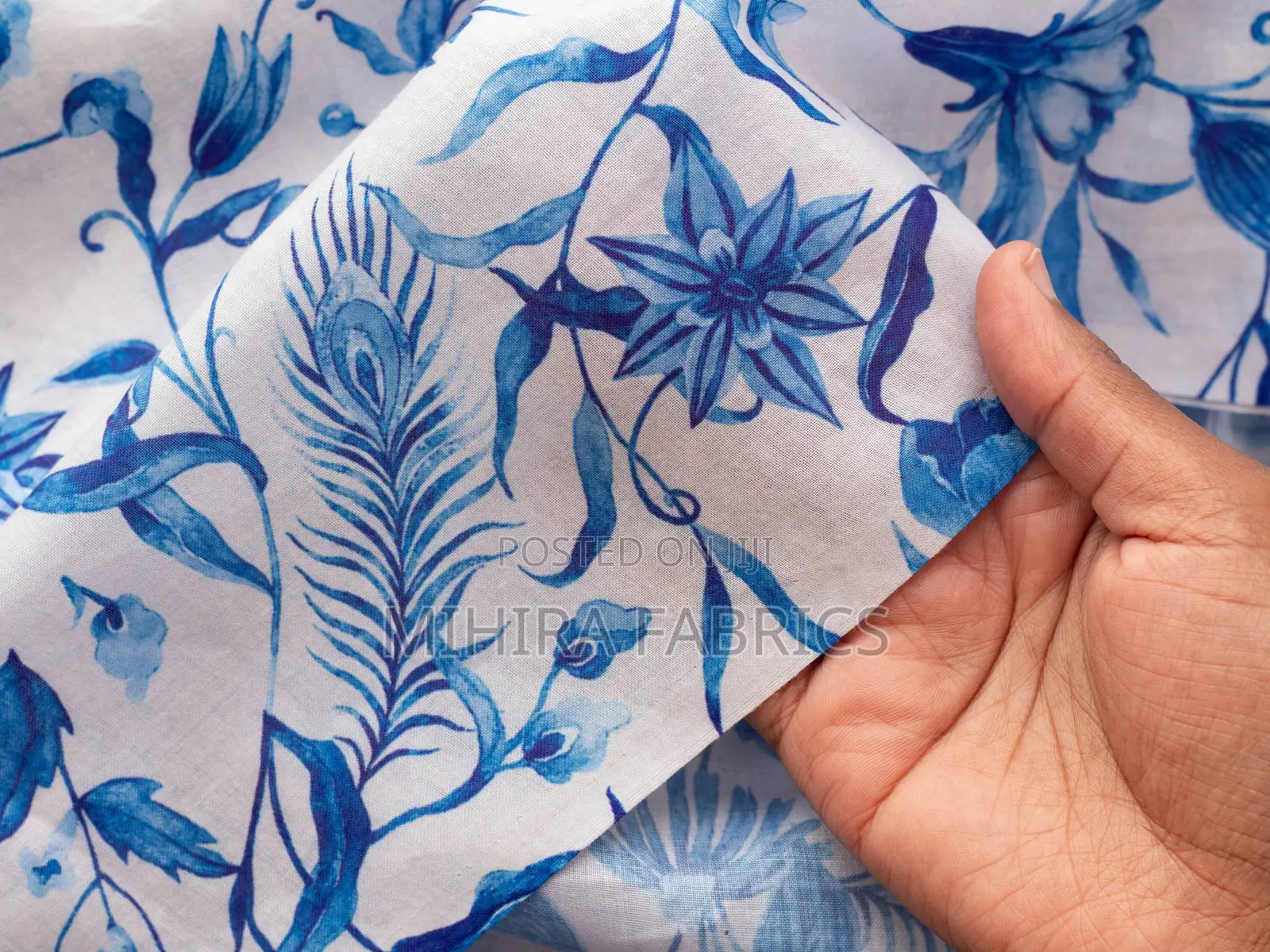 100% Cotton Fabric - White Navy Blue Florals