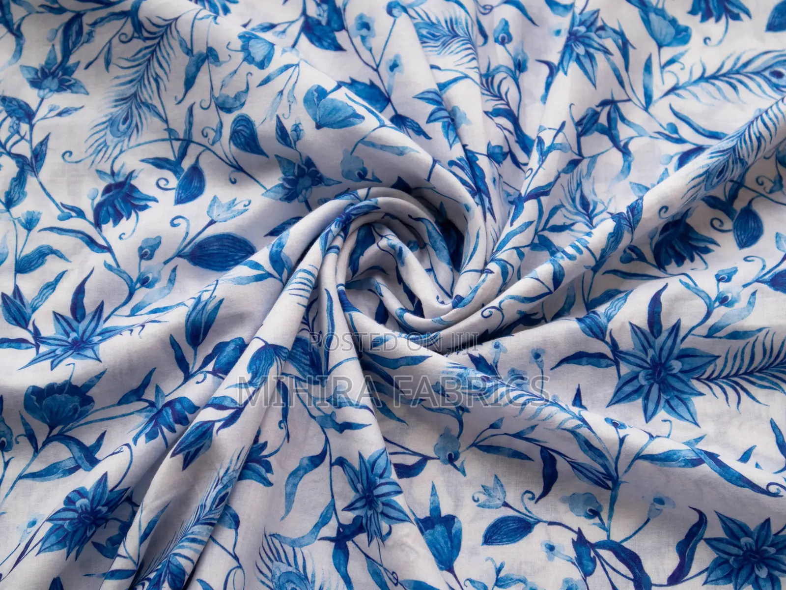 100% Cotton Fabric - White Navy Blue Florals