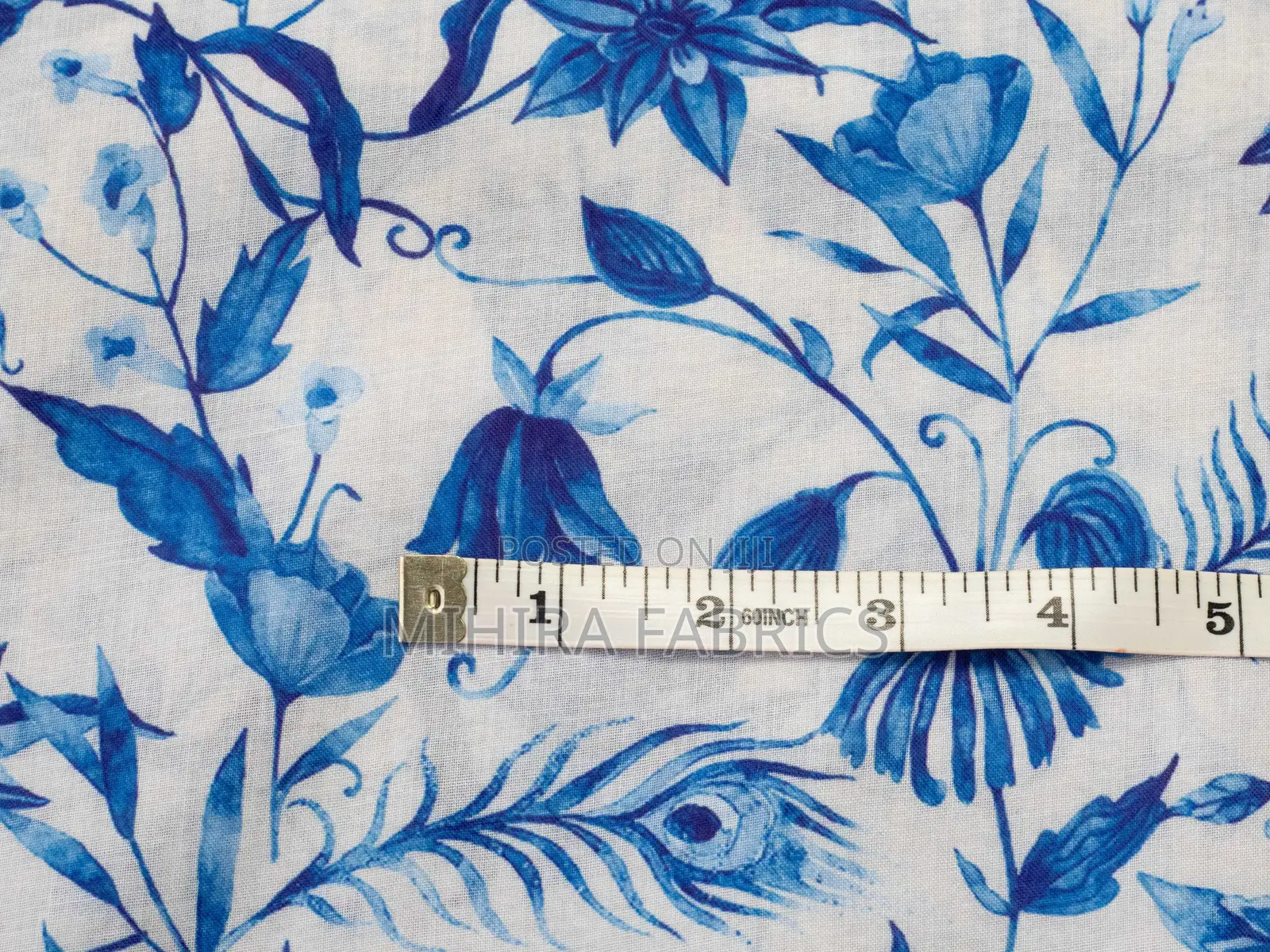 100% Cotton Fabric - White Navy Blue Florals