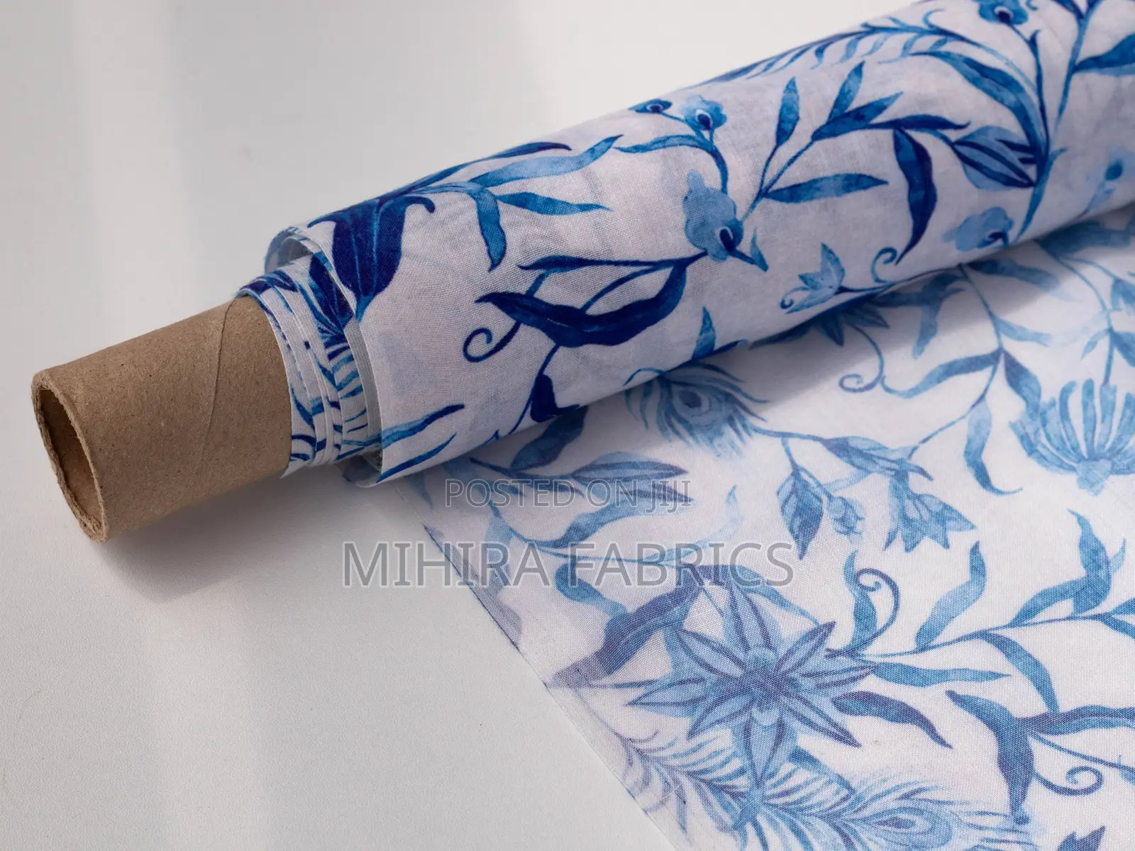 100% Cotton Fabric - White Navy Blue Florals