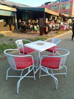Restaurant Set, Coated Antique White With Red Chairs