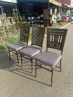 Hotel or Restaurant Chairs, Powder Coated Antique Gold, Grey Cushions