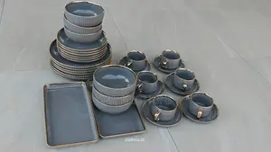 32-Piece Grey Porcelain Dinner Set With Gold Detailing