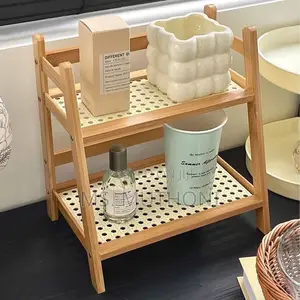 Aesthetic Two-Tier Wooden Organizer Shelf With a Woven Rattan Design
