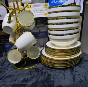 24pcsceramic White Gold Set 6plates, 6 Sideplates, 6 Bowl, 6 Cups.