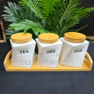 Ceramic Canister Set With Bamboo Lids and Place On