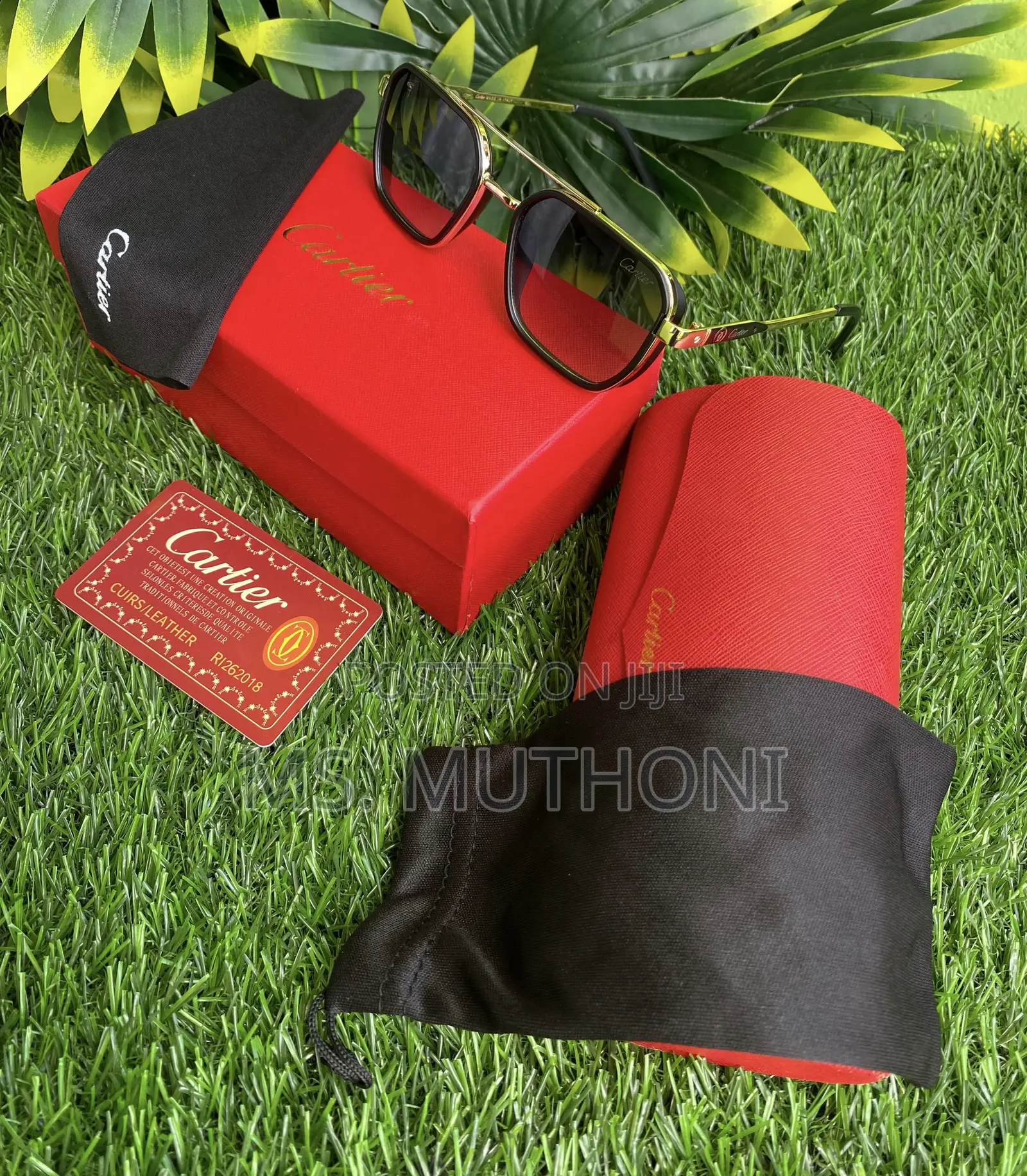 Boxed Cartier Black Round / C Rectangular Polarized Sunglasses.