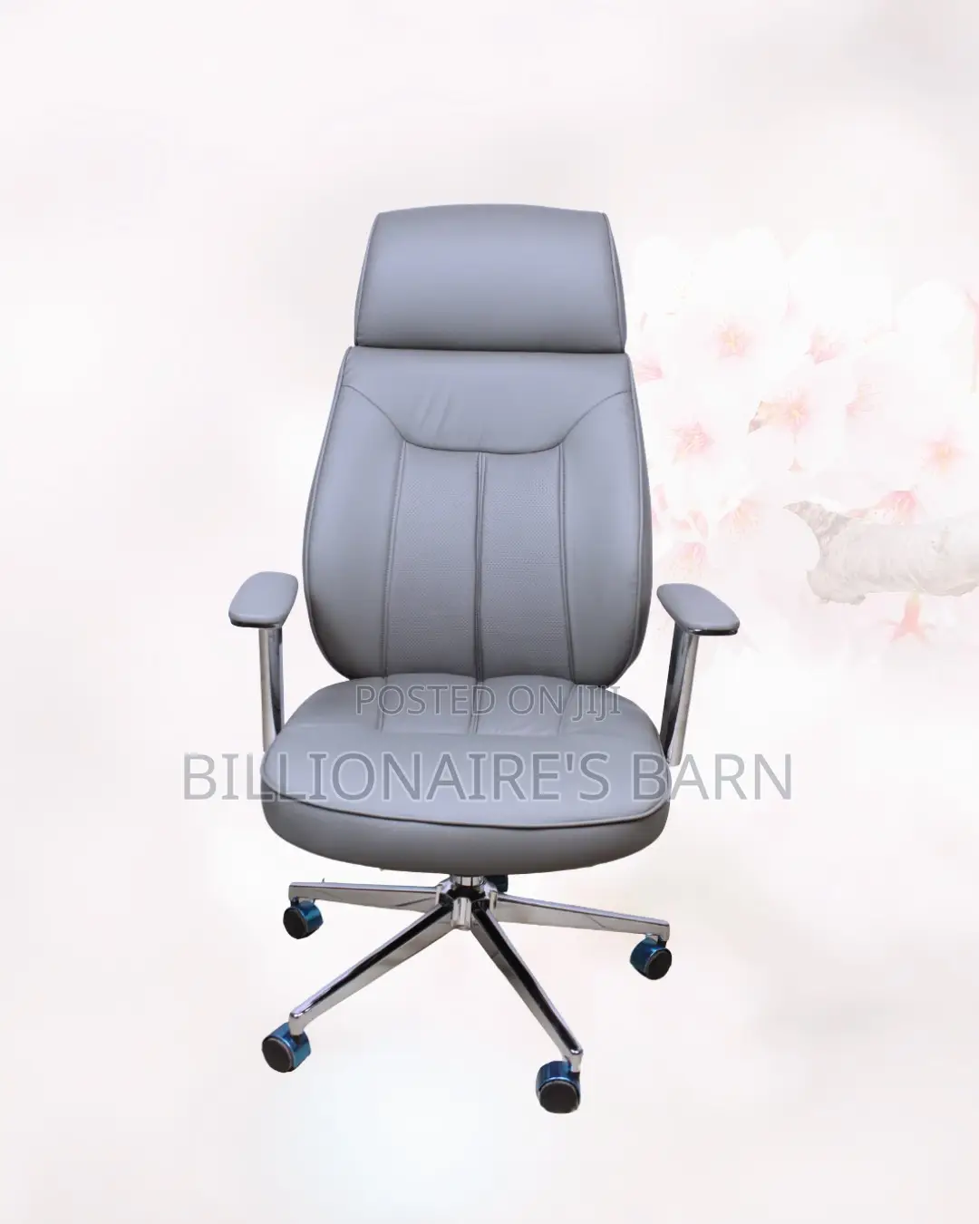 Grey Executive Leather Office Chair High-Back • Chrome Base Stability