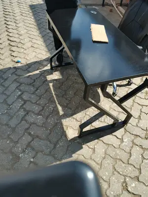 Industrial-Style Black Metal Desk/Table With Modern Geometric Base