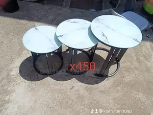 Glass-Top Coffee Tables With Marble-Effect Surface – Black Metal Bases