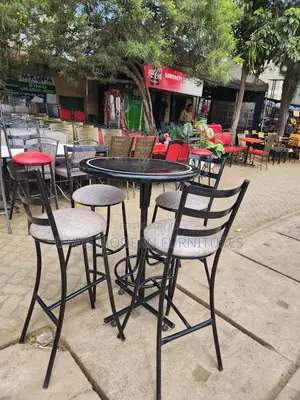 Black Metal Bar Table With Cushioned Stools – Outdoor Bistro Set