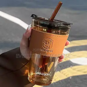 Glass Cups With Cover,Straw, Leather Sleeve