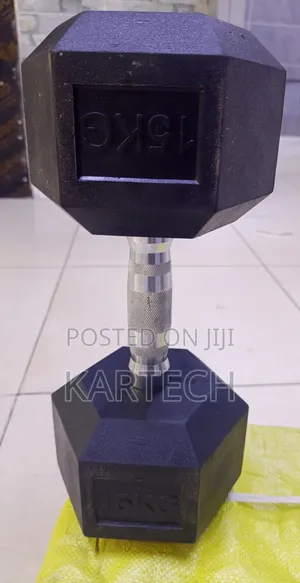 Gym 15kg Rubber Hex Dumbbell