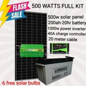 500 Watts Full Package - 200ah Luminous Gel Battery - 1000w Inverter