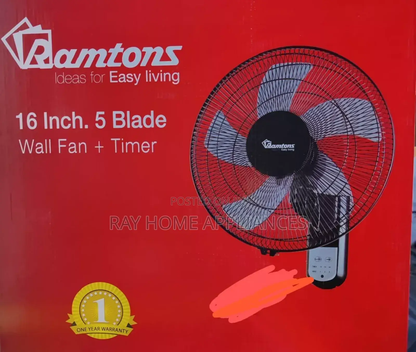 16 Inches Ramtons Wall Fan 5 Blades Without Remote