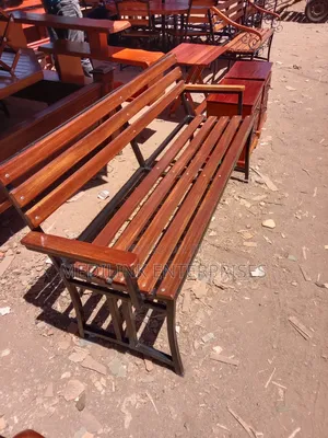 Flat Armrest Wooden Metallic Outdoor Bench