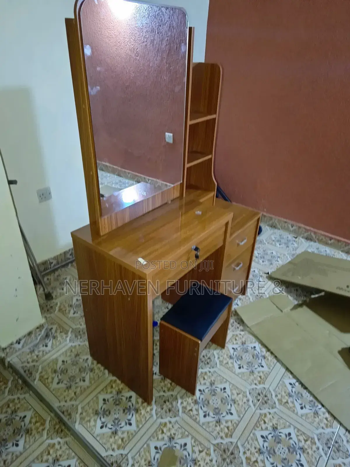 Modern Brown Dressing Table With Sliding Mirror Door